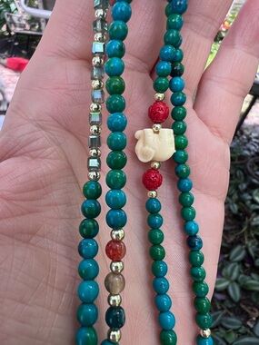 Handmade Green & Teal Beaded Stones Bracelet with Ivory Elephant Accent